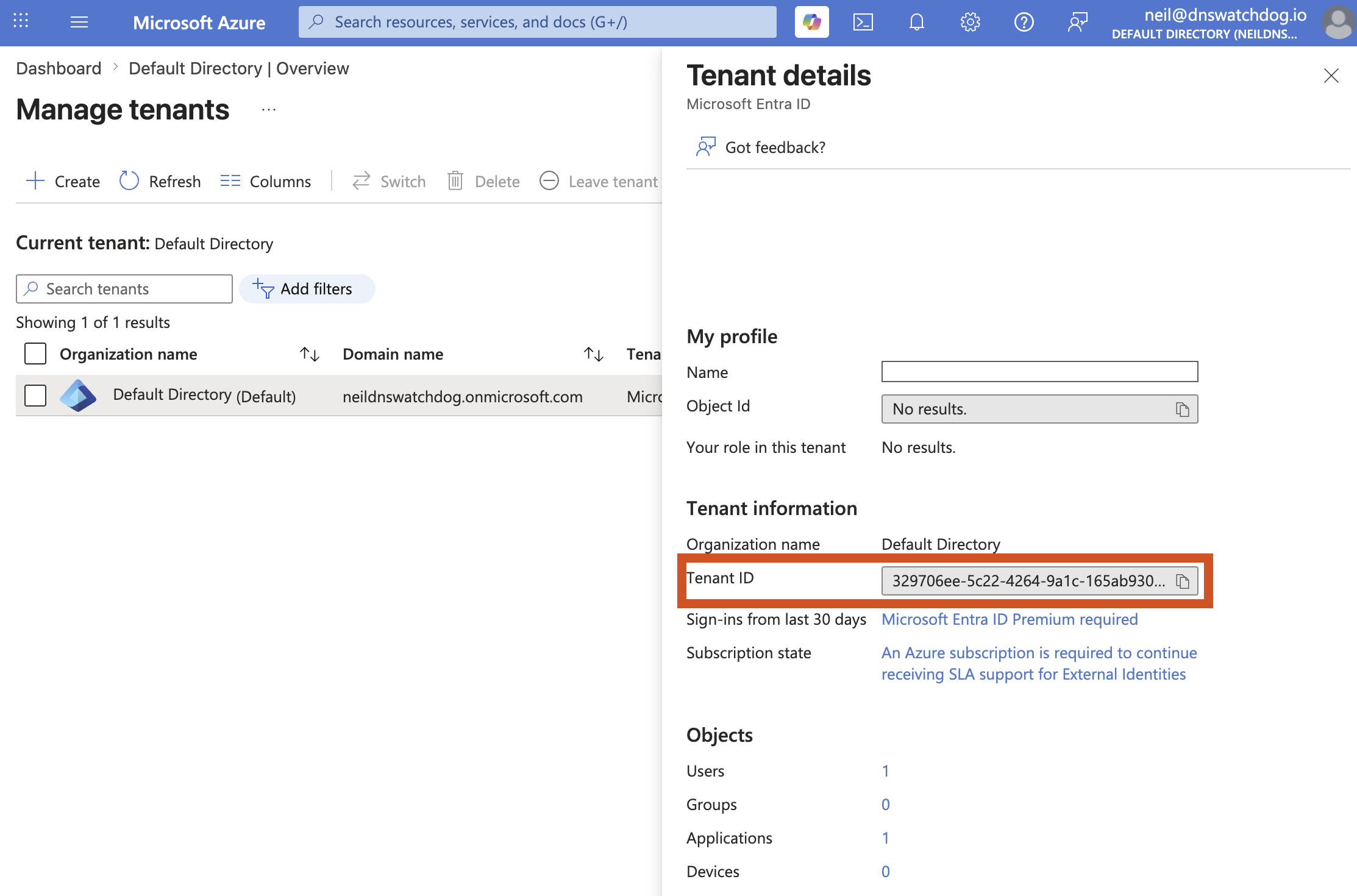 The Azure Portal showing where to find the Tenant ID