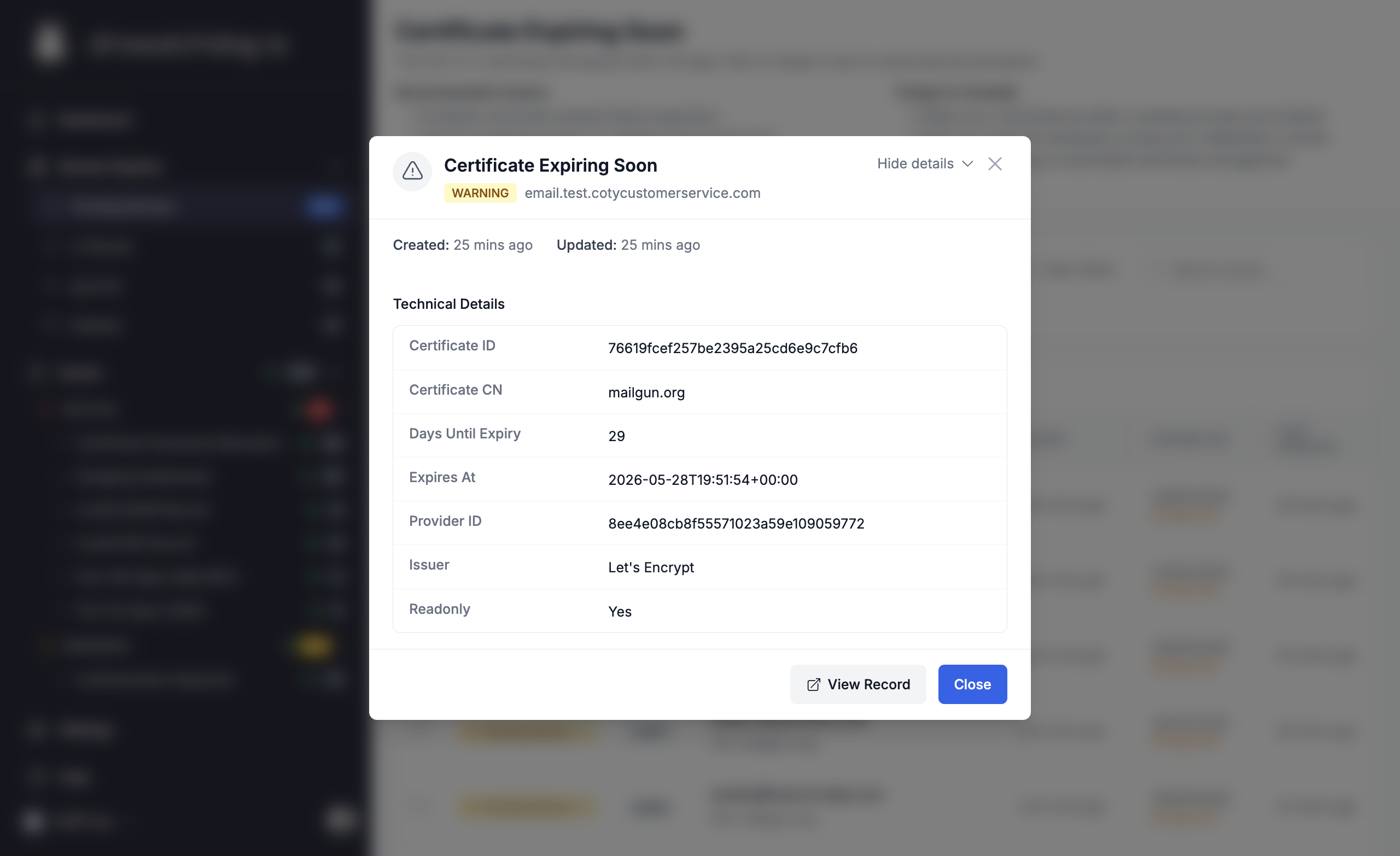 An expired certificate issue as shown in DNS Watchdog, displaying the certificate details and expiry date