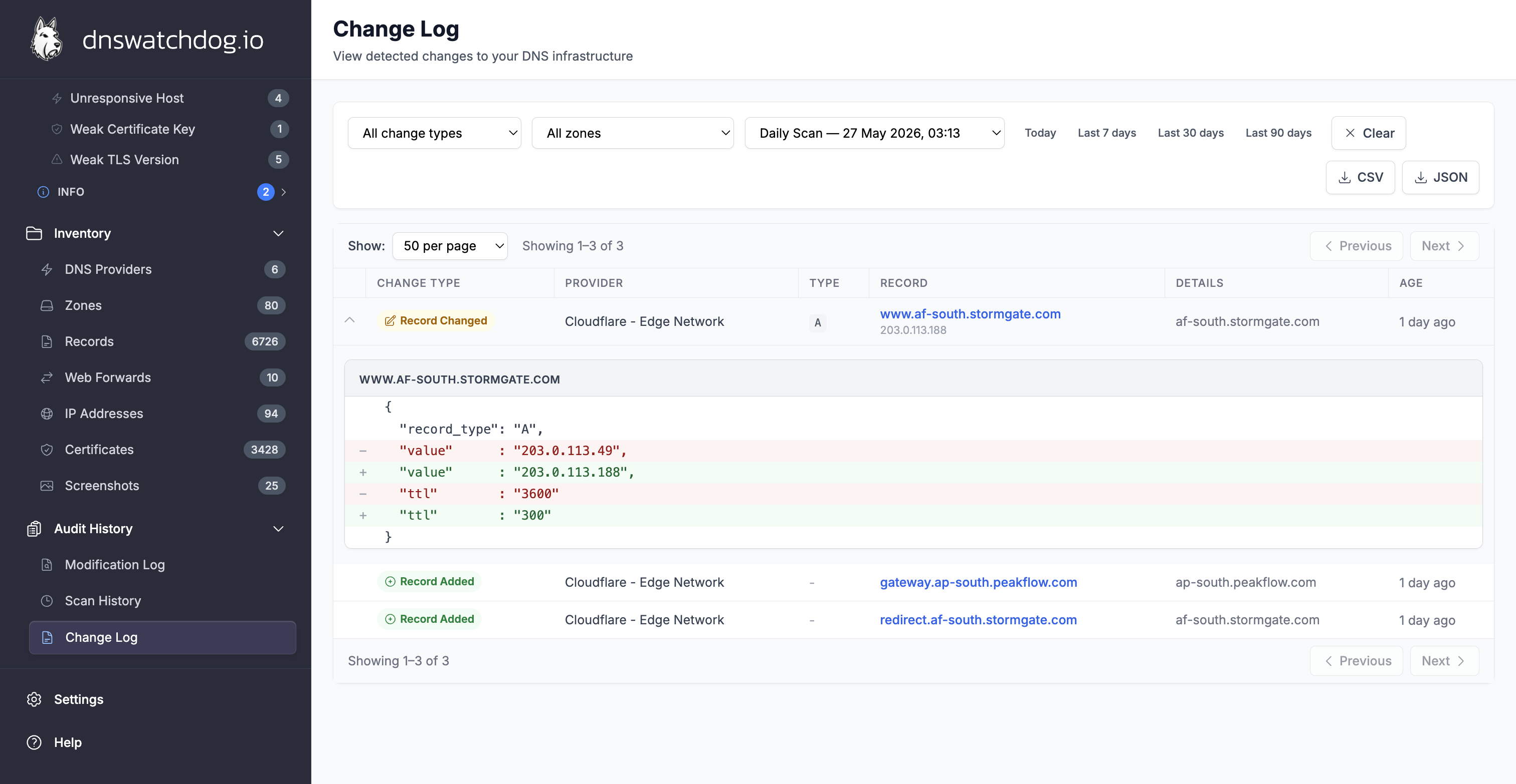 An expanded change log entry showing the detailed before/after diff view