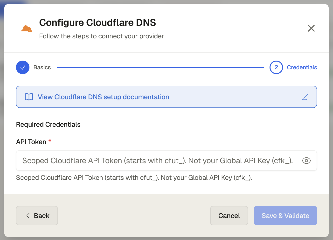 The Cloudflare credentials form showing the API Token input field