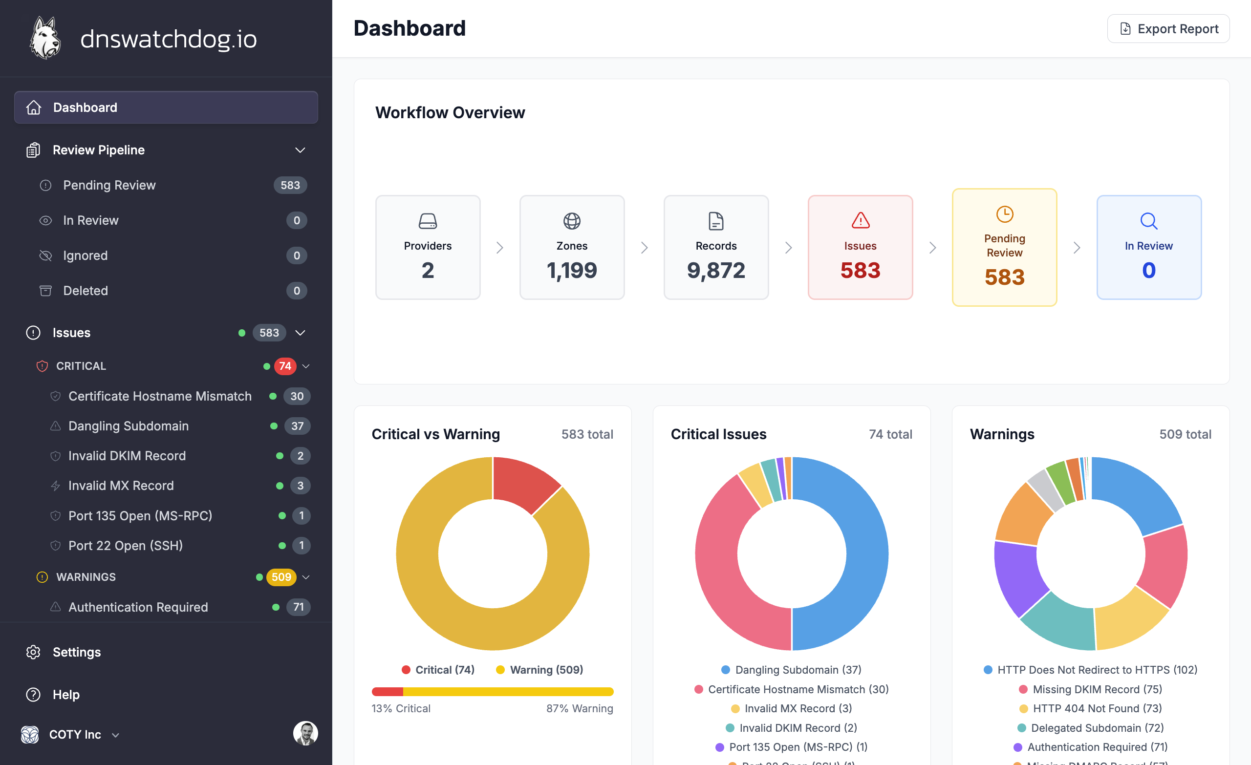 The DNS Watchdog dashboard showing provider count, zone count, record count, and issue severity breakdown