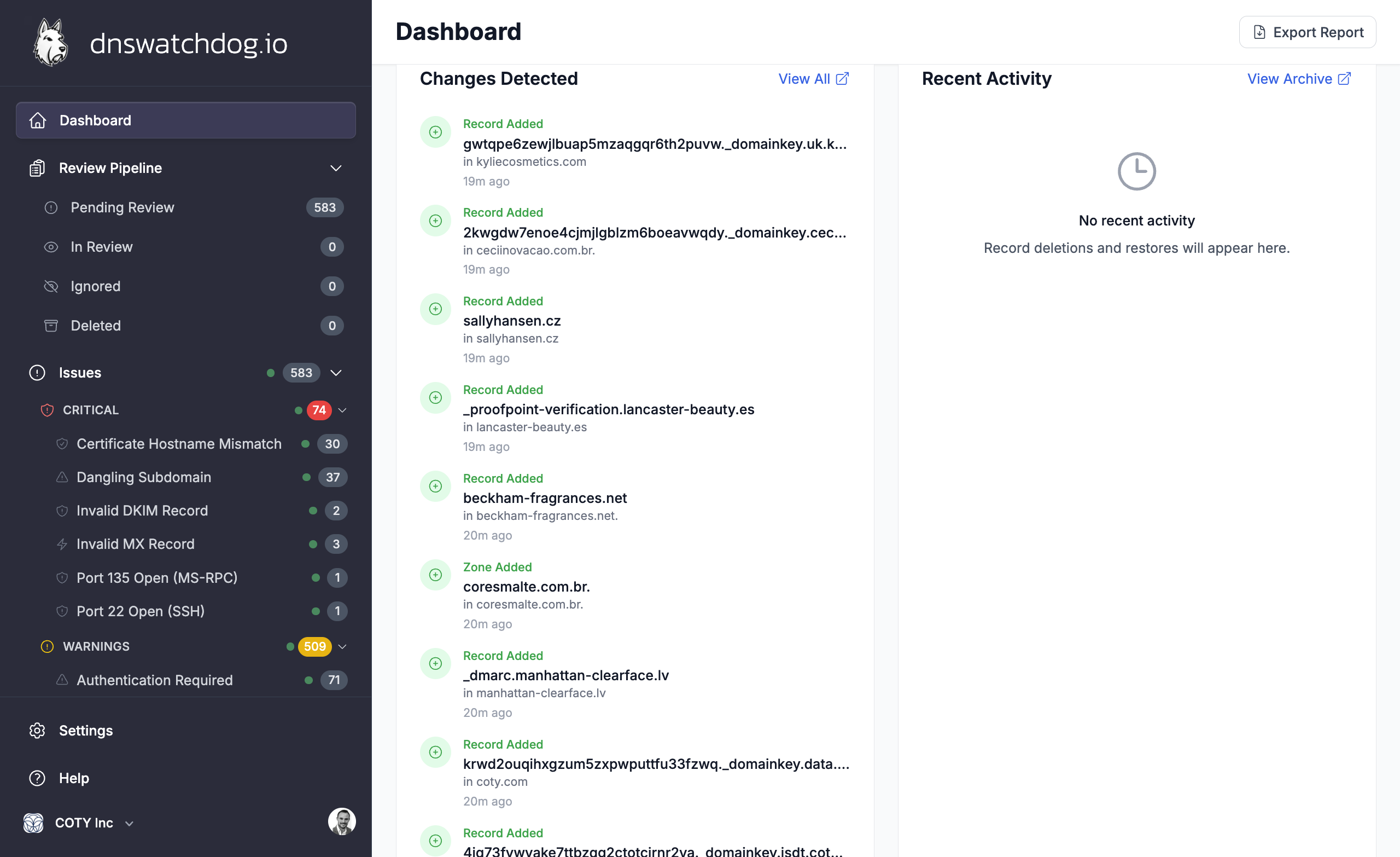 Recent changes panel showing DNS record additions, modifications, and deletions