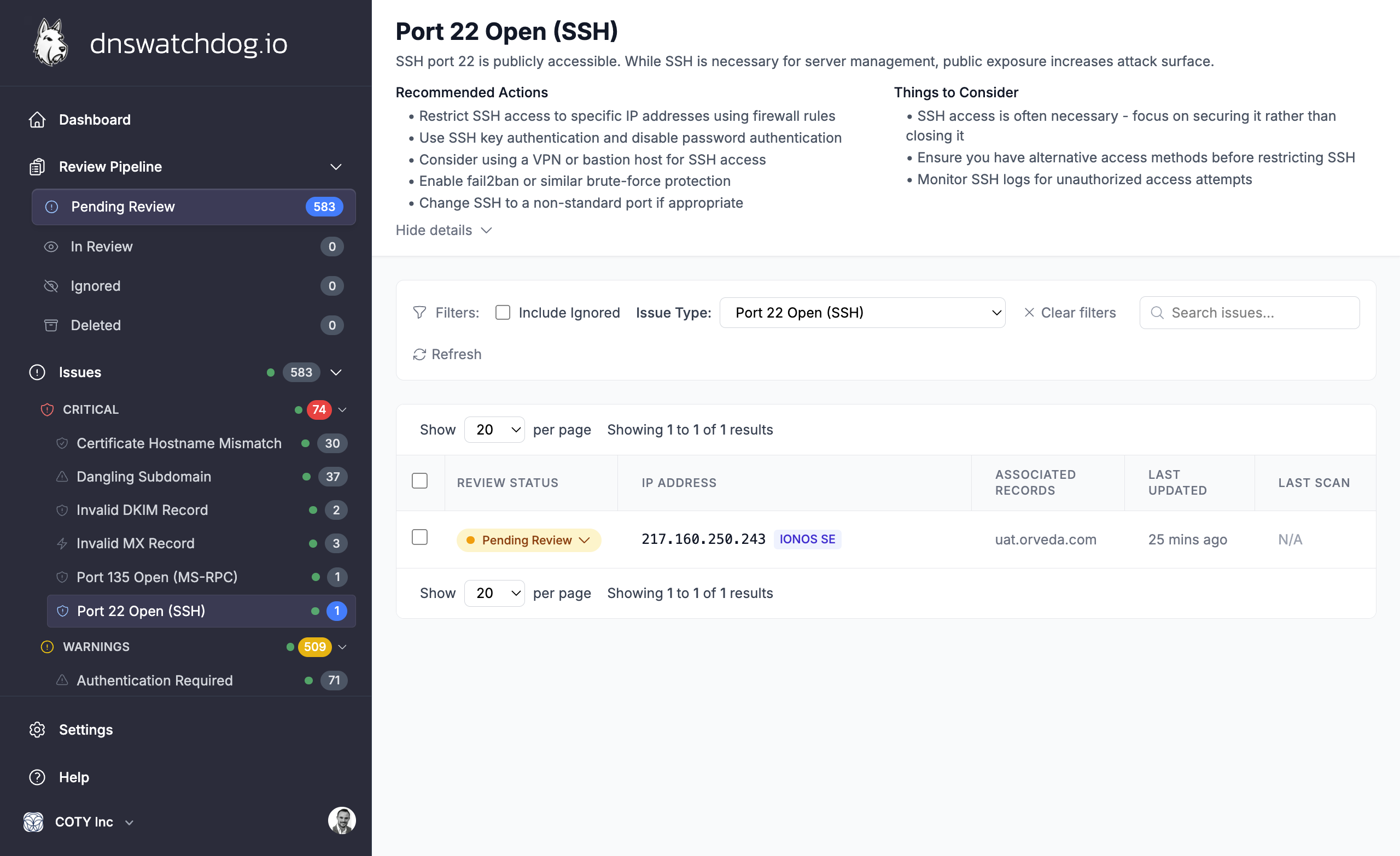 An open SSH port issue as shown in DNS Watchdog, displaying the affected host and port details