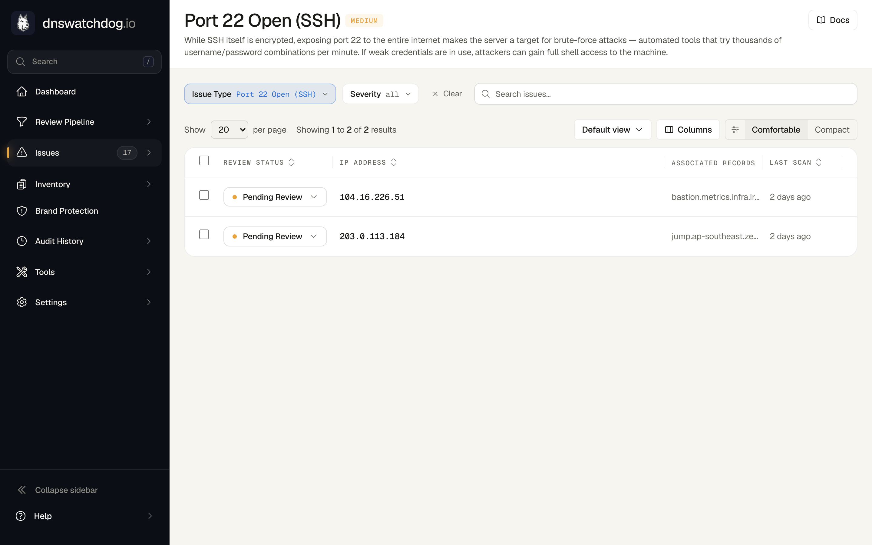 An open SSH port issue as shown in DNS Watchdog, displaying the affected host and port details