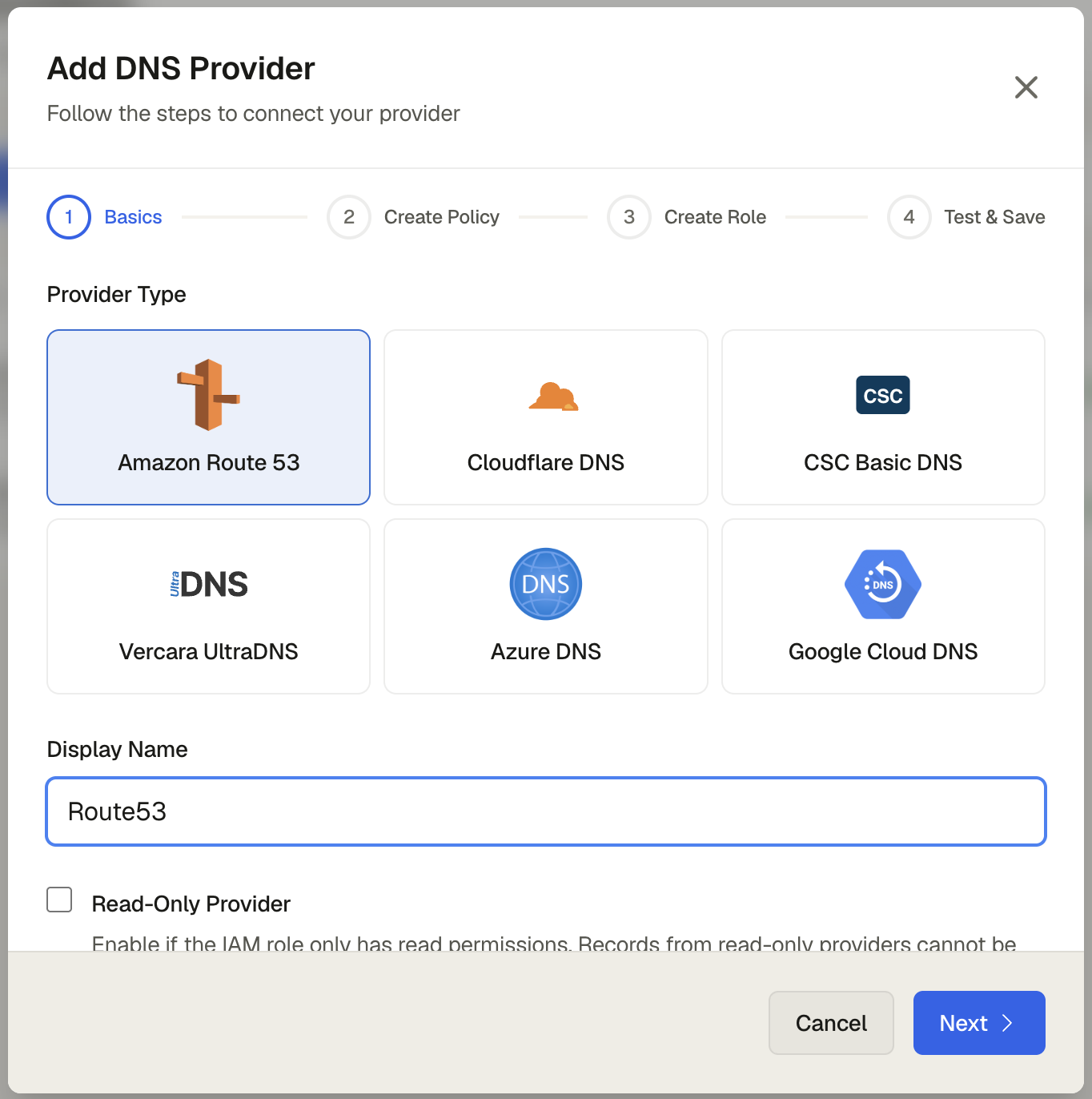 Provider type selector showing Route53, Cloudflare, CSC, Azure DNS, Google Cloud DNS, and UltraDNS options