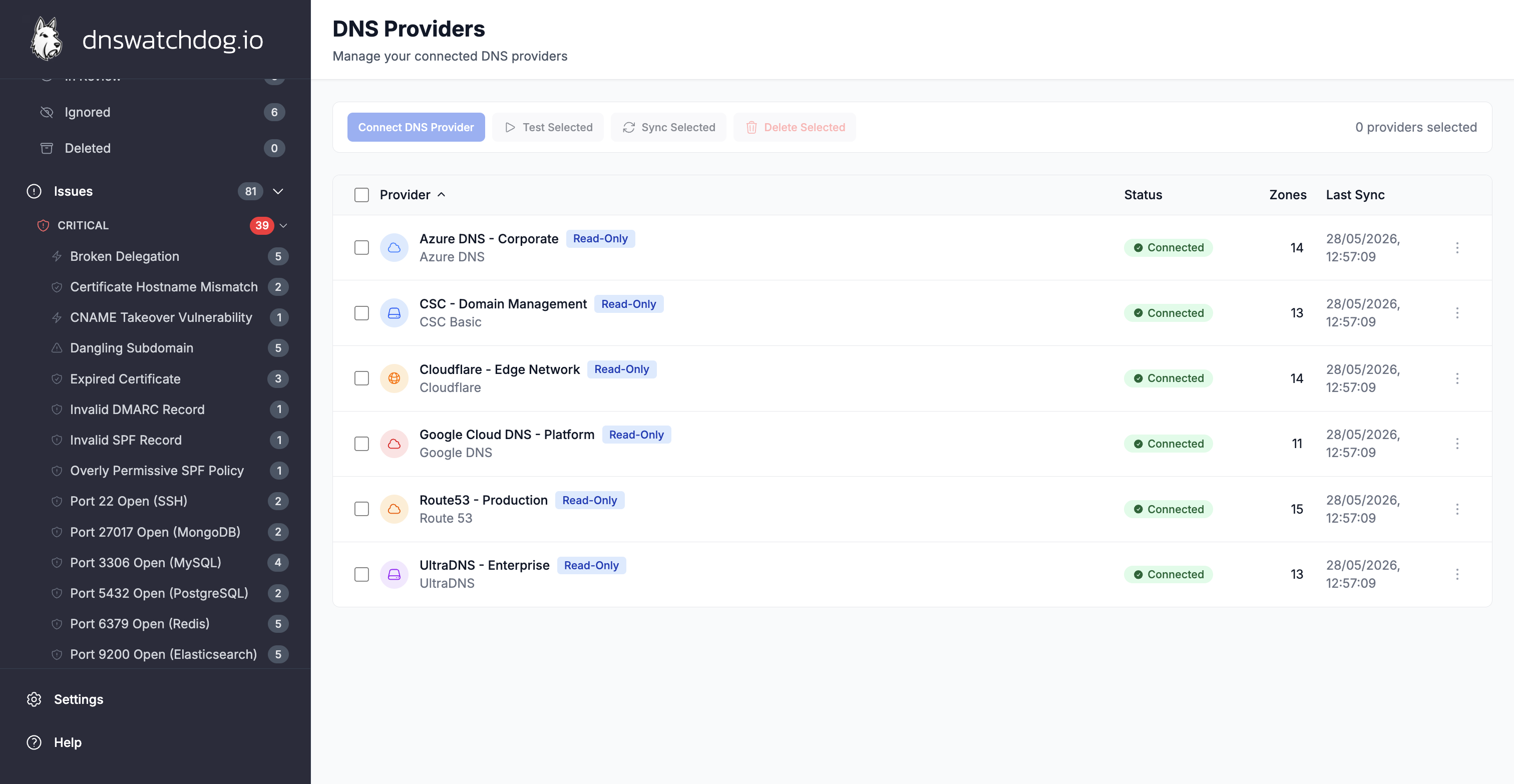 The Providers list showing connected DNS providers with their status and zone counts