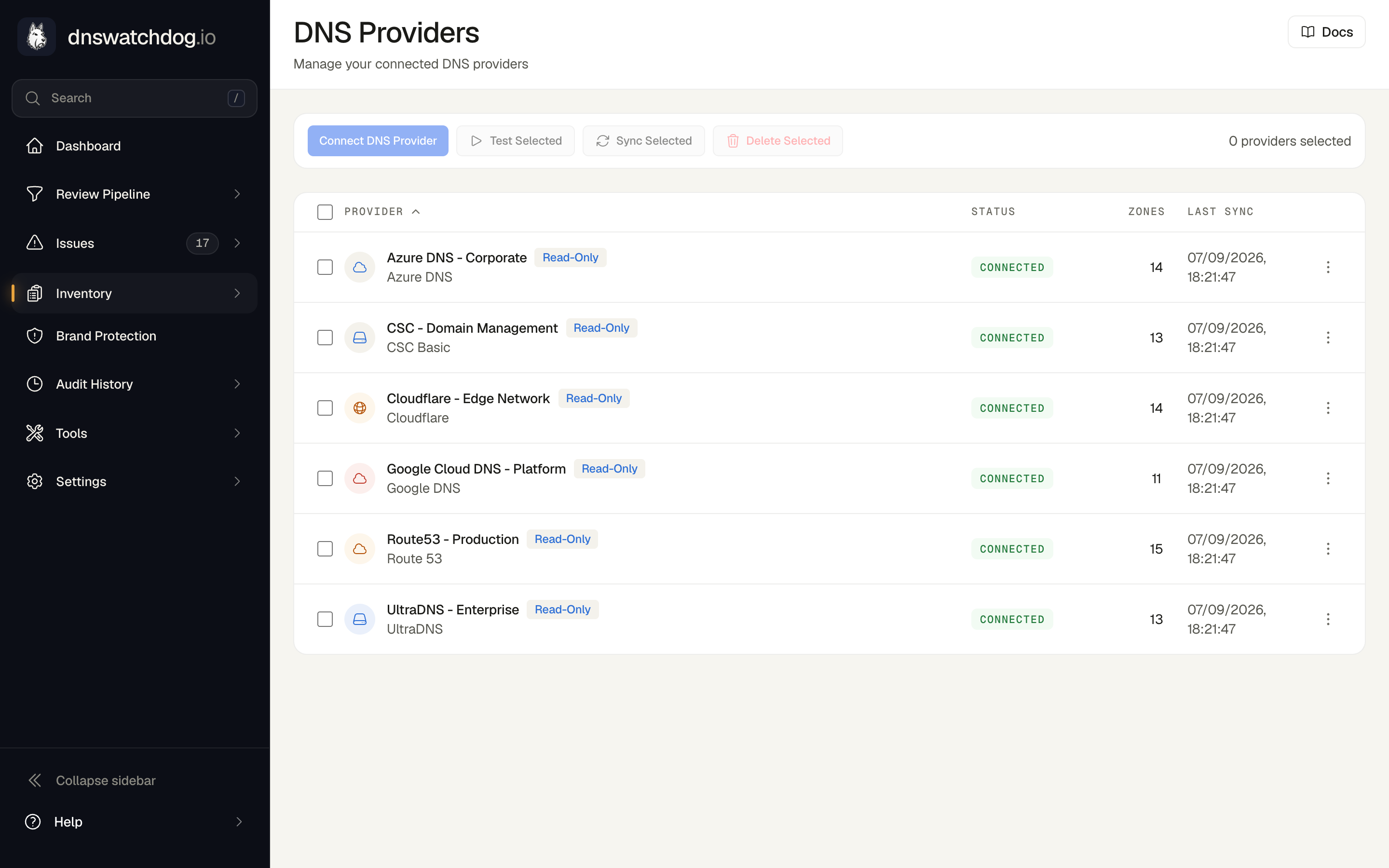 The Providers list showing connected DNS providers with their status and zone counts