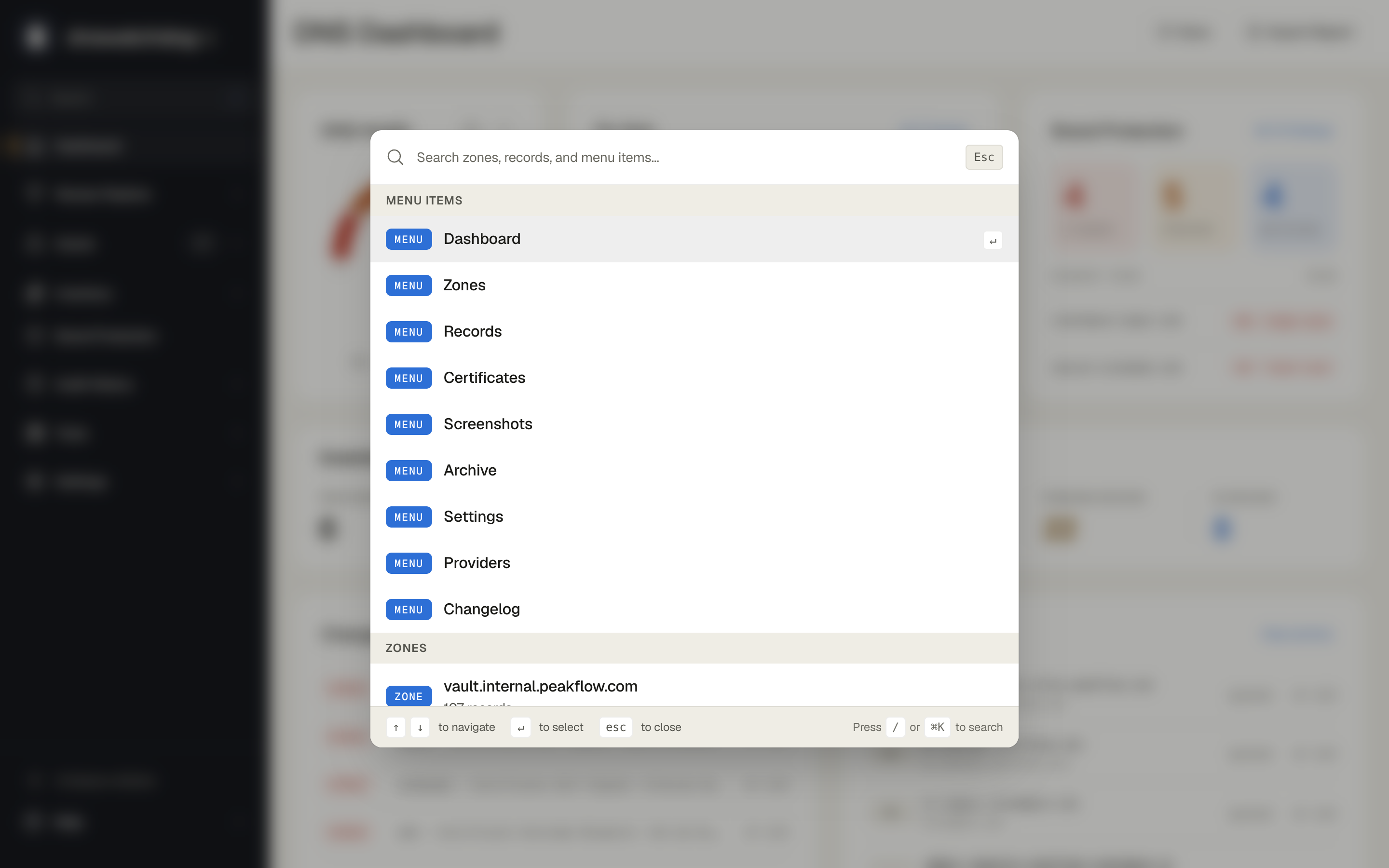 The quick search dialog showing search input with keyboard shortcut hint