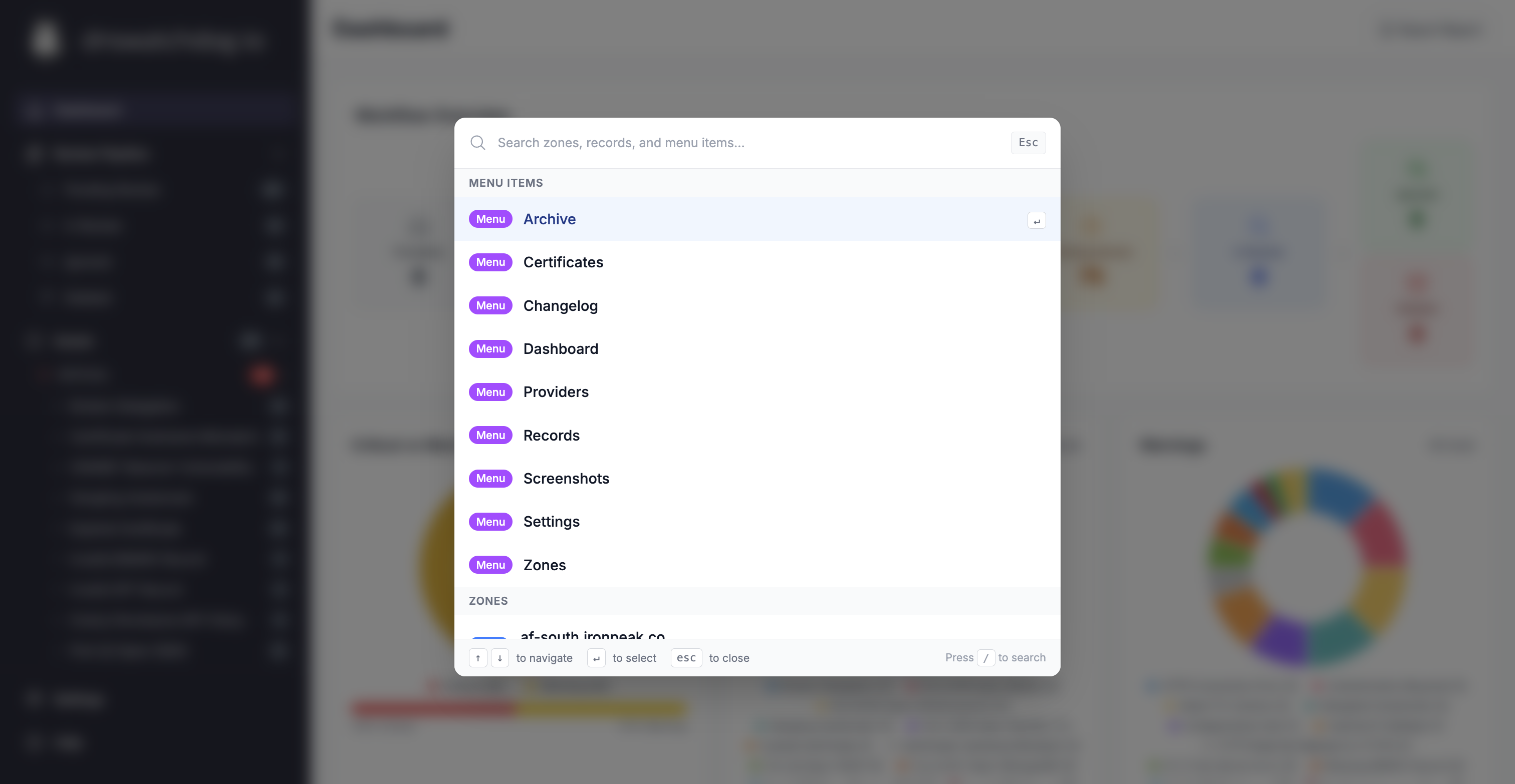 The quick search dialog showing search input with keyboard shortcut hint