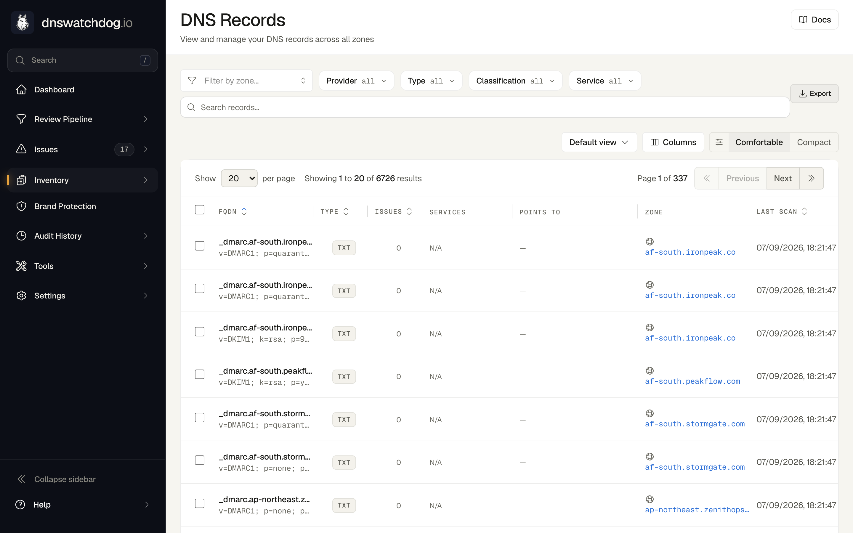The Records table showing DNS records with columns for name, type, value, zone, and status