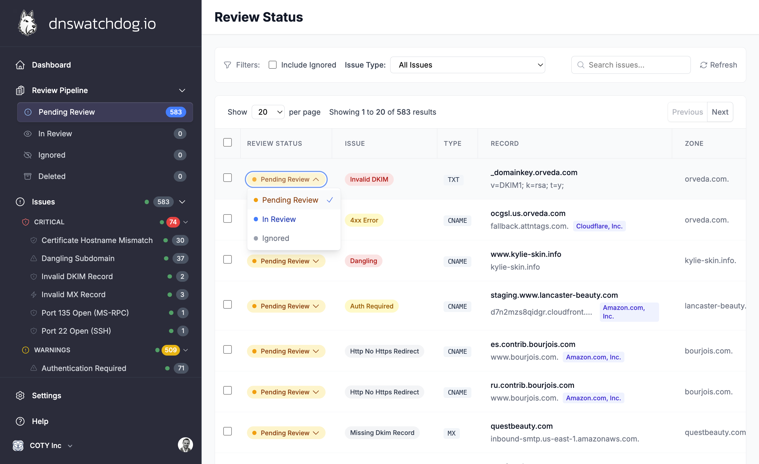 The review status workflow showing transitions between Needs Review, In Review, Ignored, and Resolved