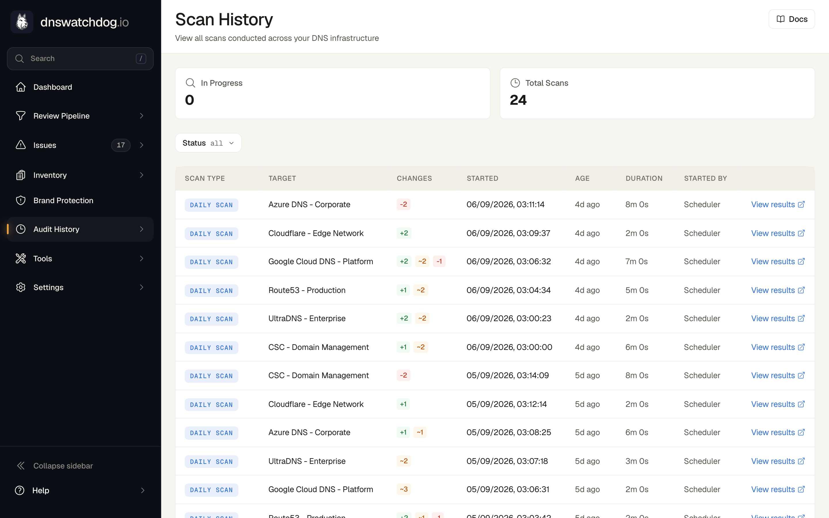 The Scan History page showing a list of scans with type badges, change summaries, and duration