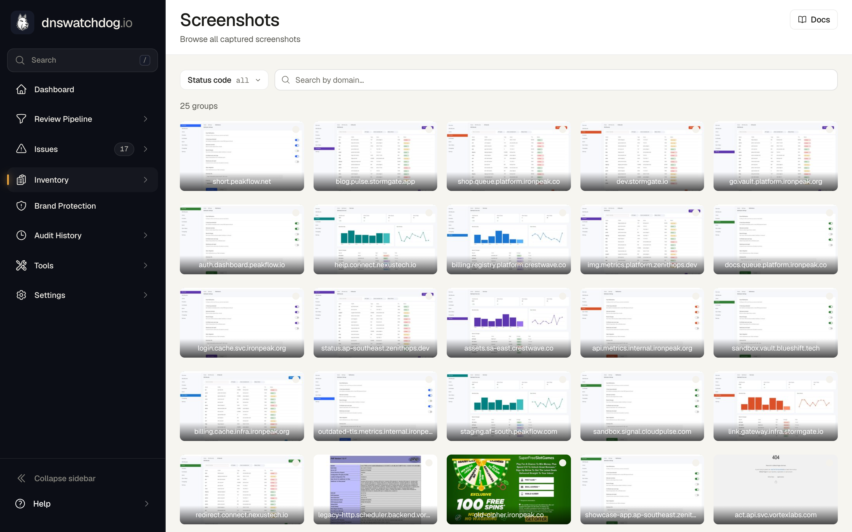 The Screenshots gallery showing a grid of captured web endpoint screenshots with domain labels