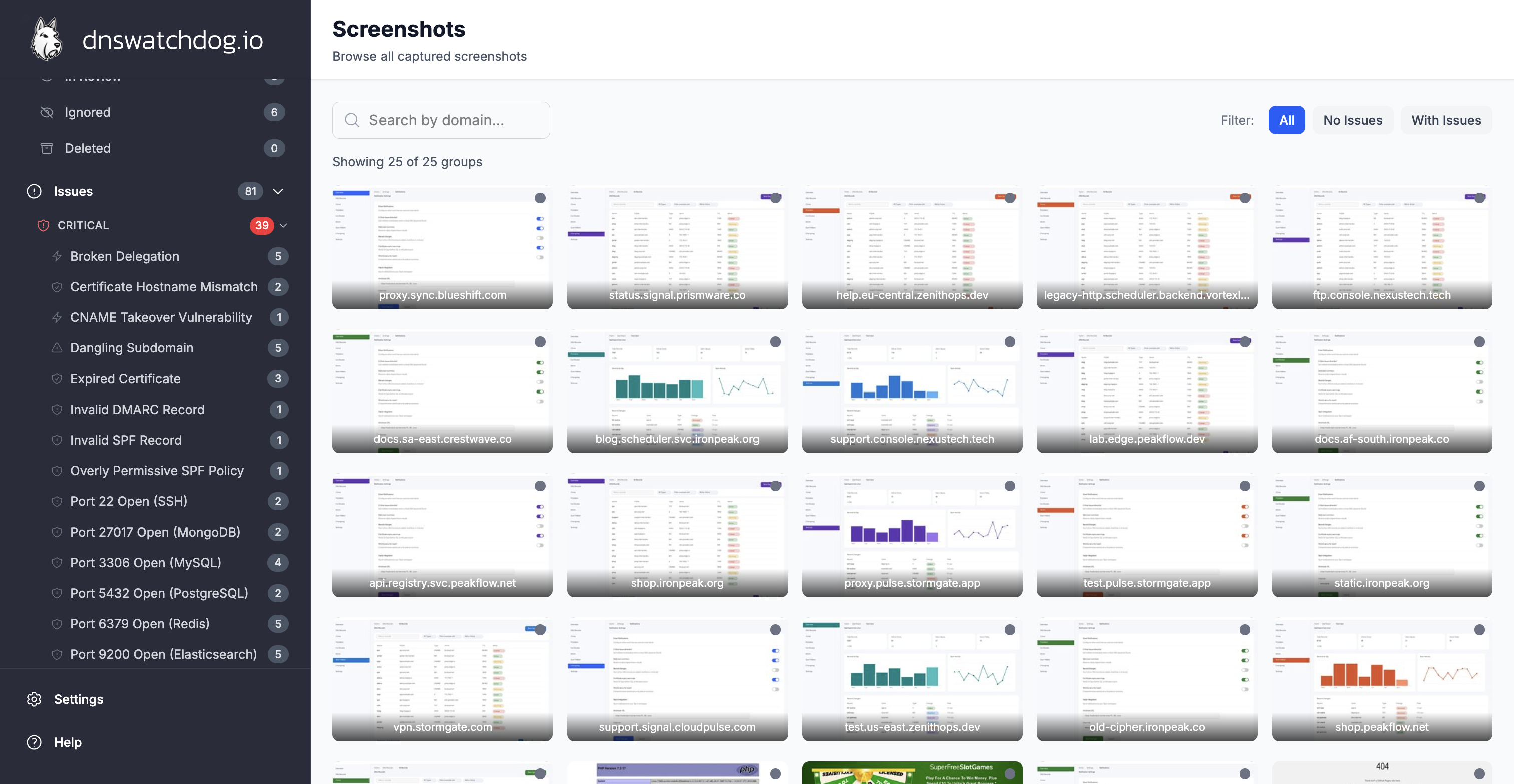 The Screenshots gallery showing a grid of captured web endpoint screenshots with domain labels