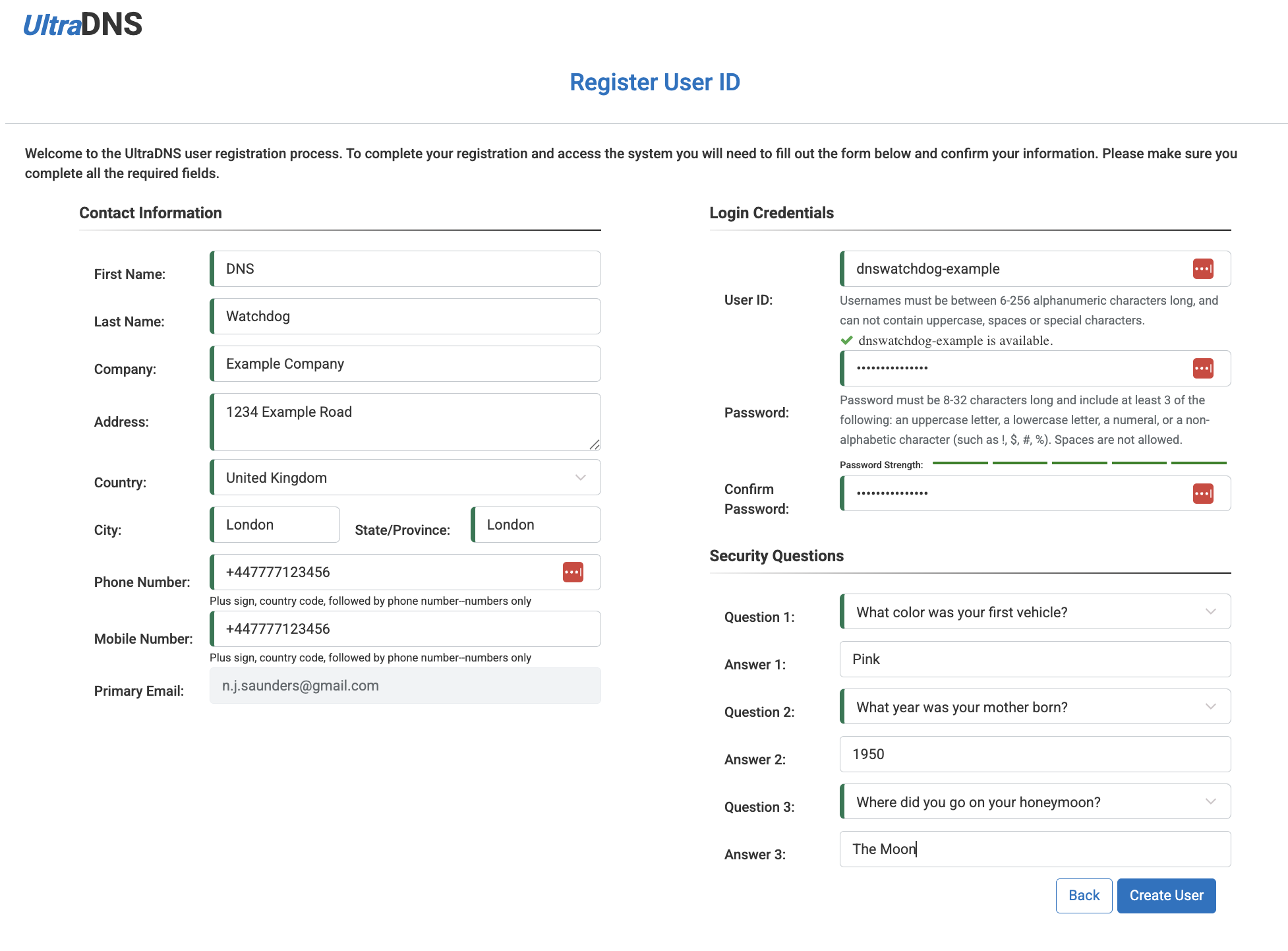 The completed registration form