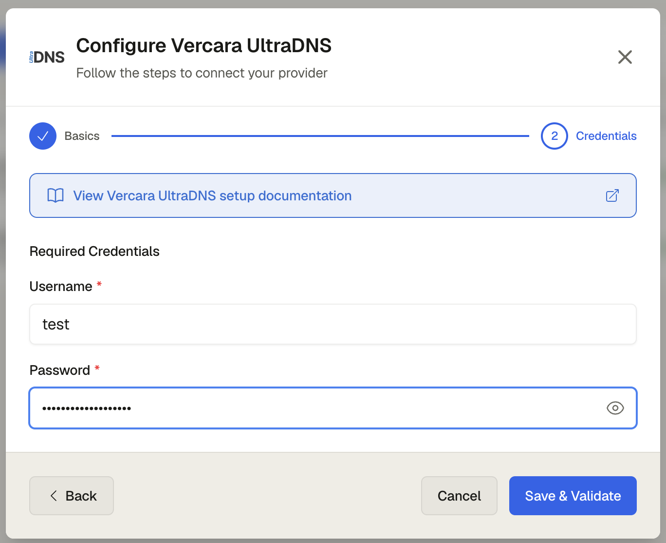 The UltraDNS credentials form showing Username and Password input fields
