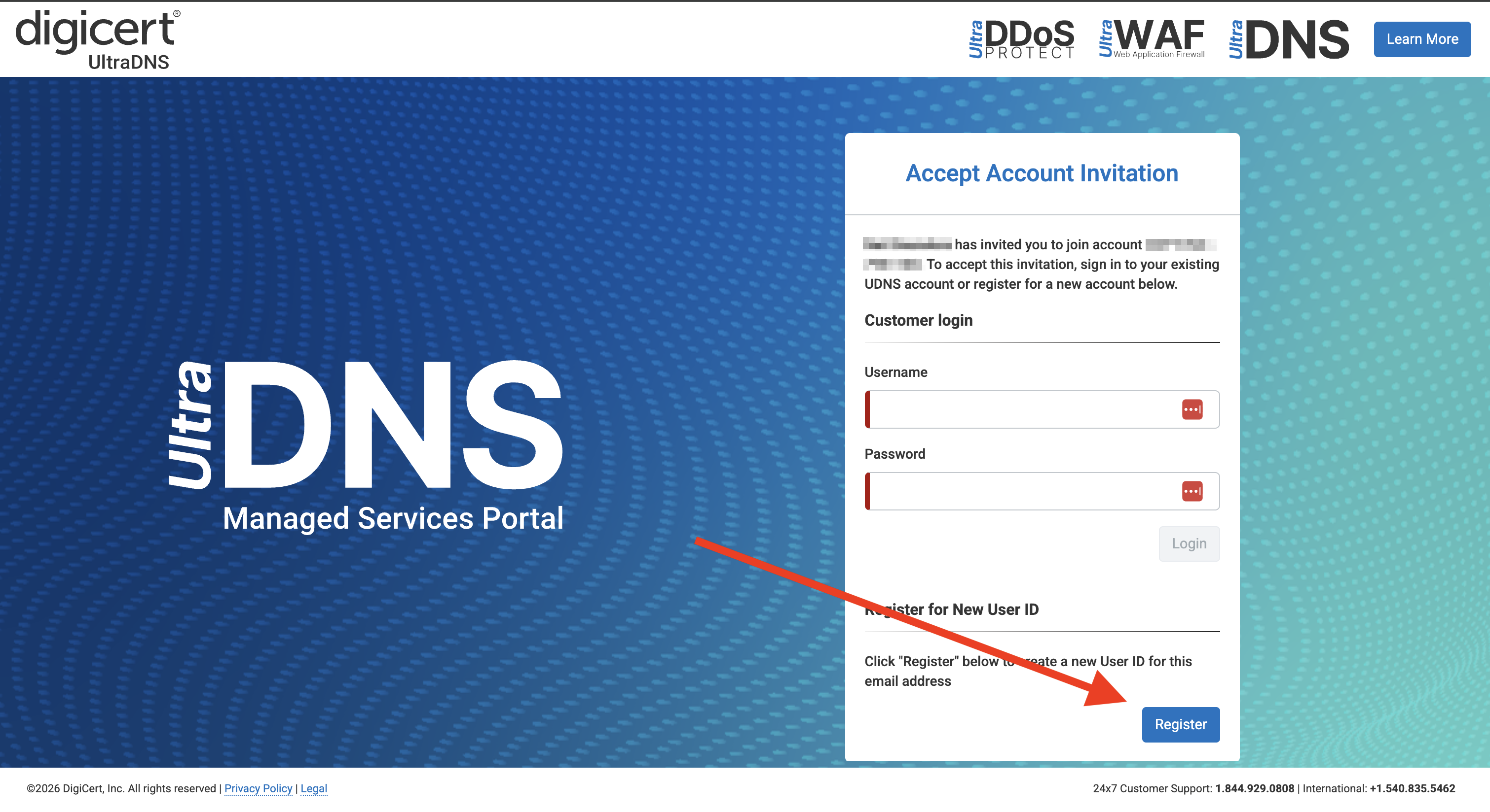 The UltraDNS registration page