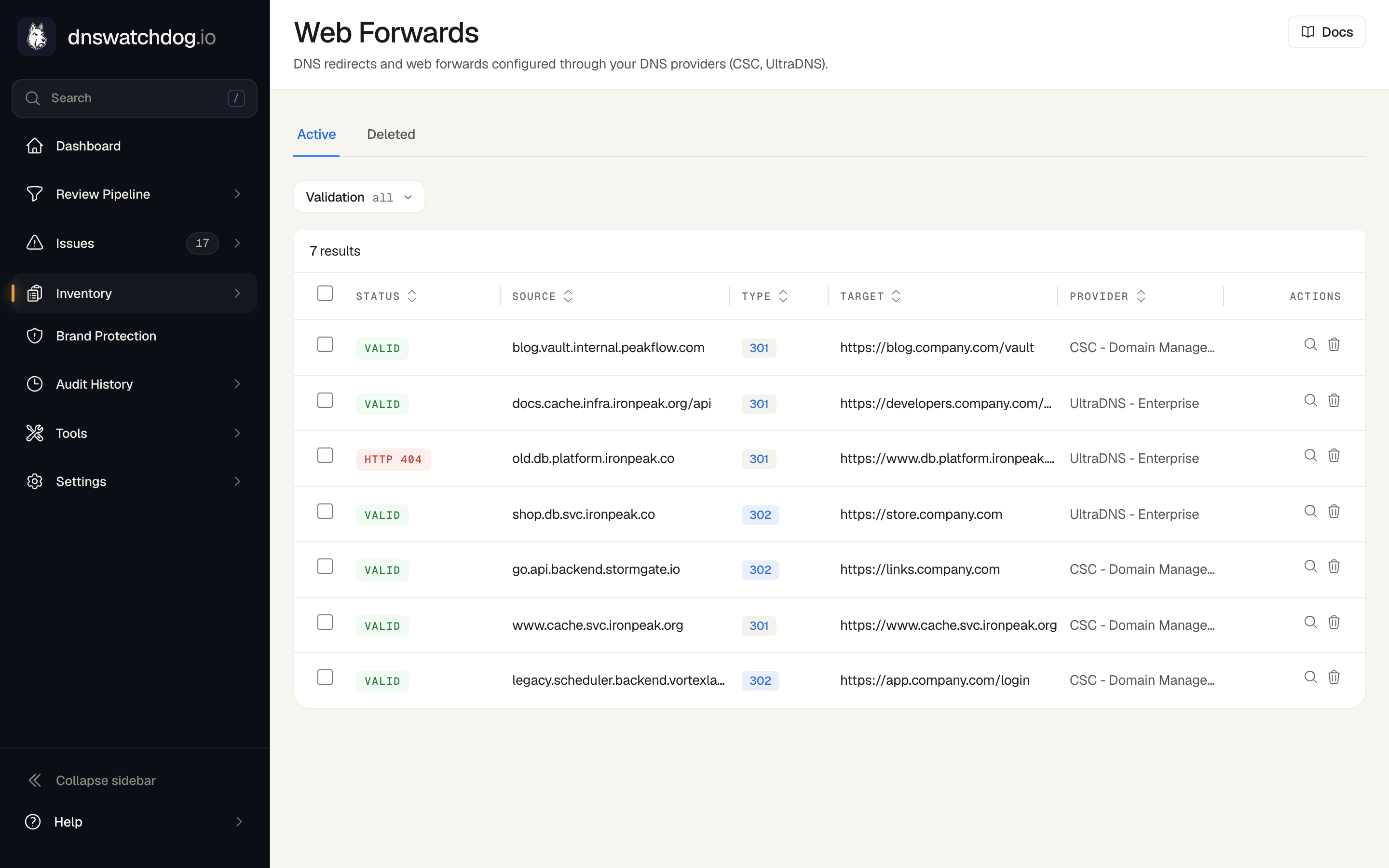 The Web Forwards page showing DNS redirects with source, destination, and redirect chain status