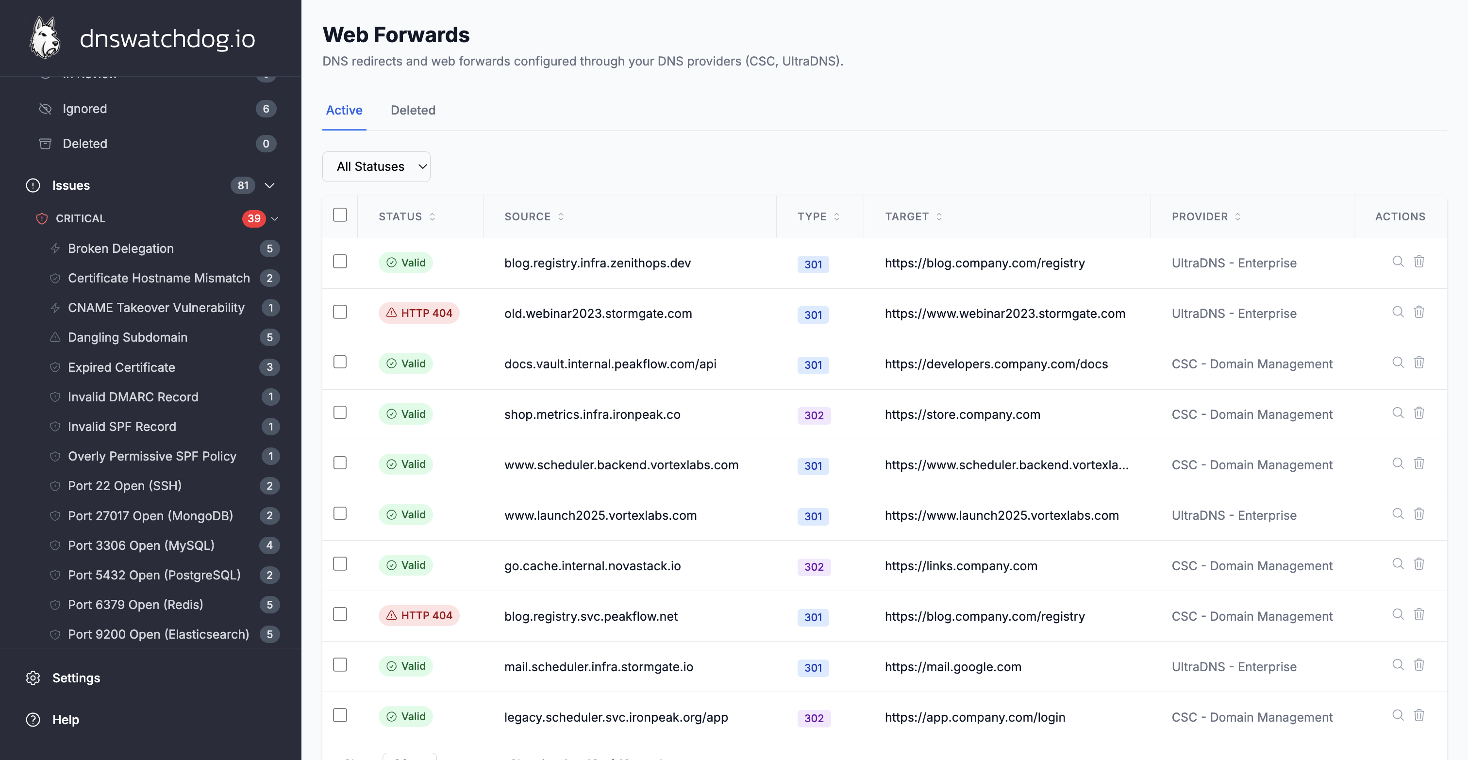 The Web Forwards page showing DNS redirects with source, destination, and redirect chain status
