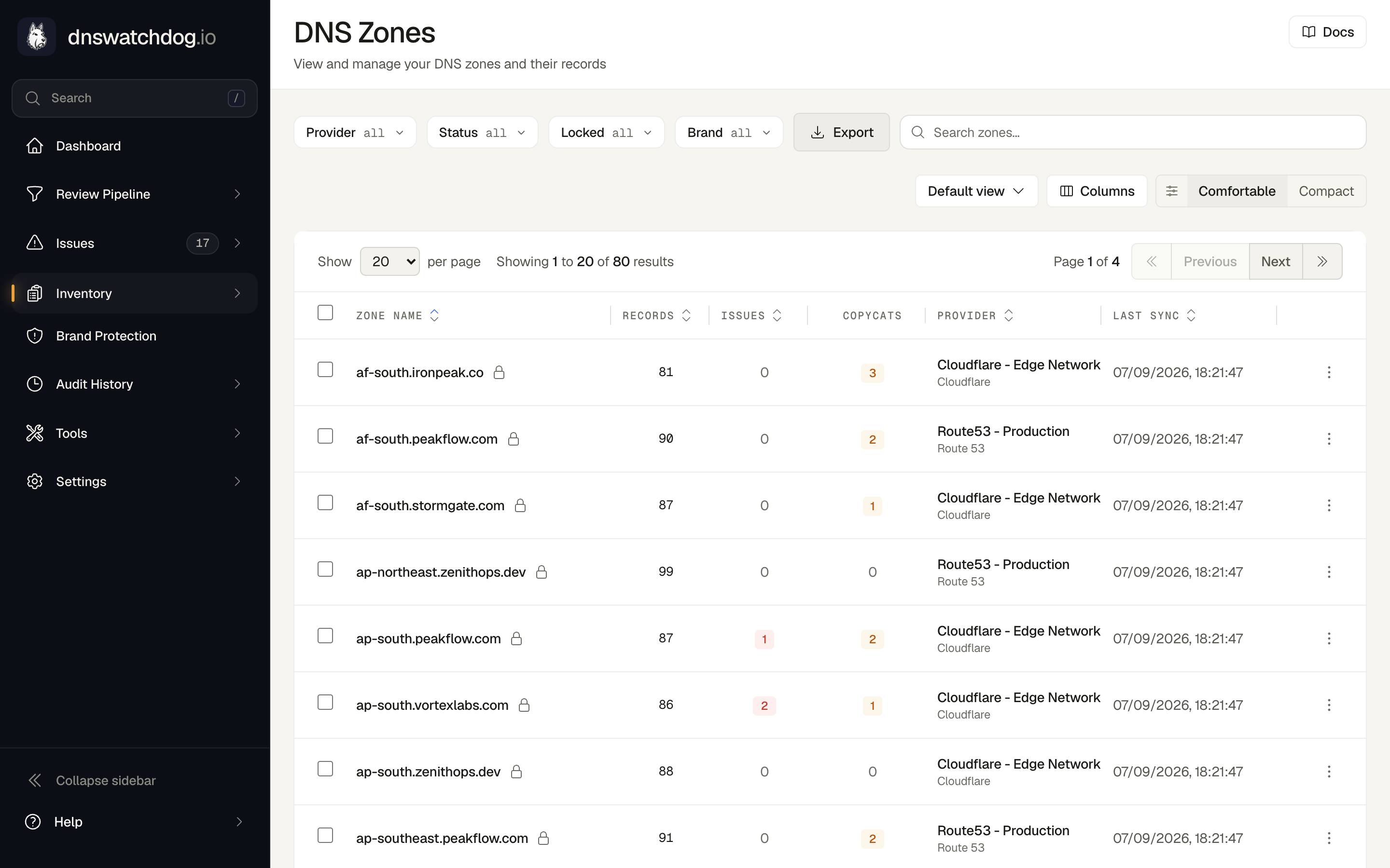 The Zones page showing discovered DNS zones with domain names, record counts, and provider source